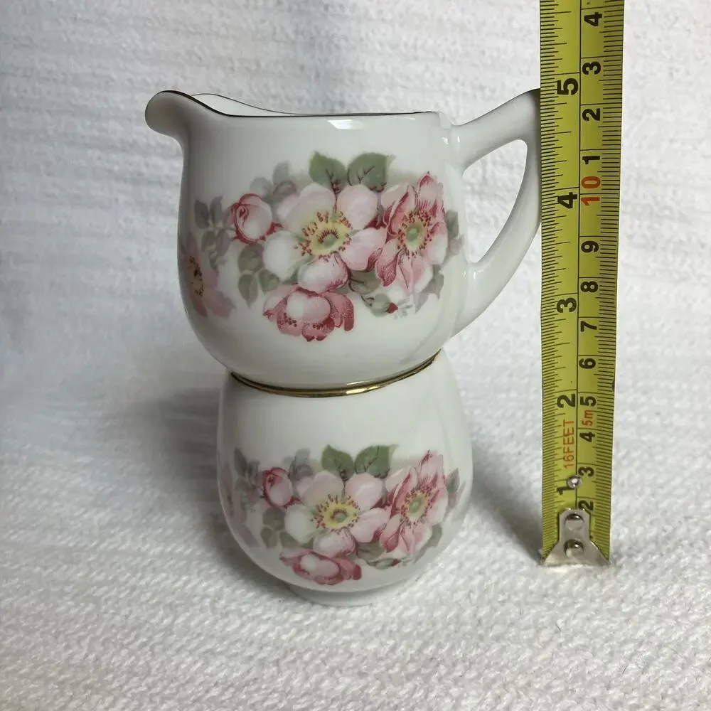 Pink Floral Sugar Creamer Set Gold Rimmed Schumann Arzberg Germany Vintage